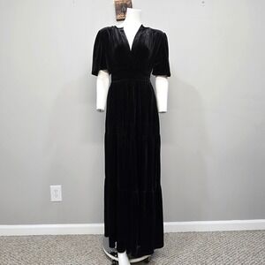 Baltic Born Artemis Black Velvet Maxi Dress Medium Tiered Flutter Sleeve Smocked